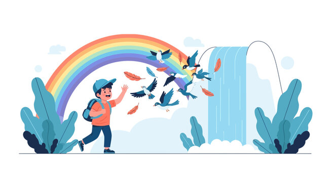 Joyful Boy Chasing Birds Near Rainbow Waterfall Adventure