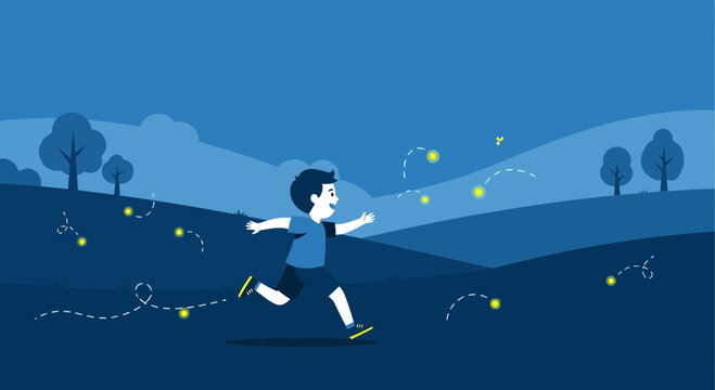 Joyful Child Chasing Fireflies In A Starry Night Landscape
