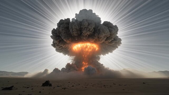 A massive explosion occurs in the desert with a large cloud and fire.
