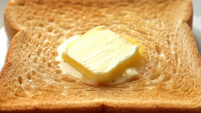 Close-up of a square pat of butter melting on a slice of hot golden toasted bread