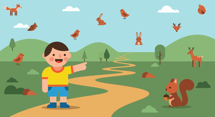 Naklejka premium Joyful Child Explores Woodland Path Surrounded By Cute Cartoon Animals