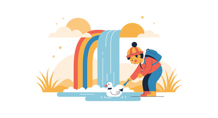 Obraz premium Joyful Child Interacting With Duck Near Rainbow Waterfall