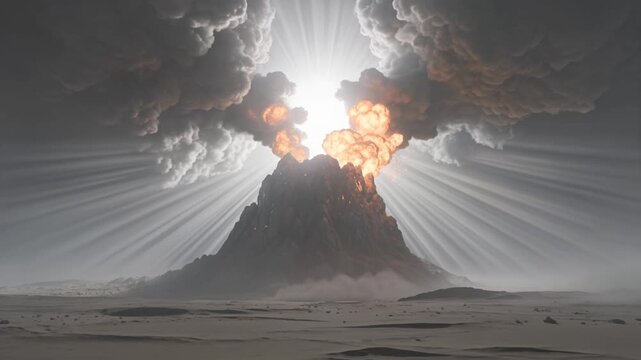 Volcanic eruption occurs on a desolate landscape with smoke clouds and sunlight.