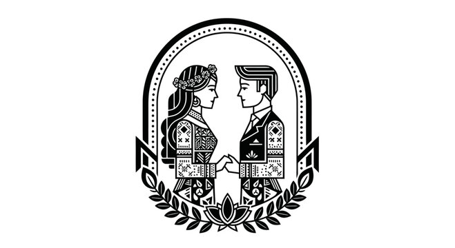 Traditional Wedding Couple Illustration Black and White Emblem