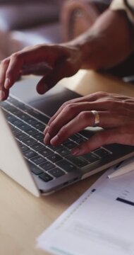 Typing, remote work or hands with laptop in coffee shop, snapshot testing or check software rendering. Computer, system report or man with program bugs tracking, freelancer or technical fault repair