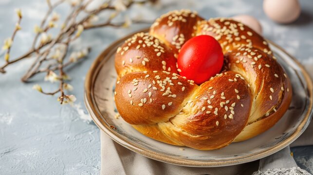 Homemade Greek Easter Tsoureki Sweet Bread Adorned with Bright Red Egg and Spring Flowers