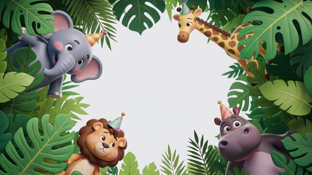 Cartoon animals wearing party hats play in jungle leaves border scene