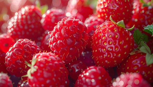Close-up of fresh, ripe raspberries and strawberries glistening with dew, showcasing their vibrant red color and textured surfaces, a refreshing and healthy fruit medley