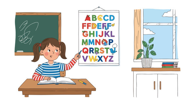 Little girl pointing at alphabet chart in classroom, learning letters and education concept