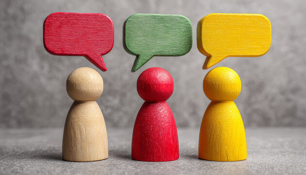 Three wooden toy figures standing side by side with colorful speech bubbles above their heads, symbolizing communication and dialogue