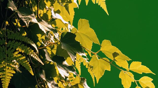 Close up of flickering sunlight through layered green fern and leafy vines isolated on a vibrant green background ideal for natural backgrounds and overlays