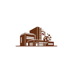 Naklejka premium Modern Institutional Complex Symbolizing Global Connectivity and Innovation, Designed for Research and Corporate Technology Development with a Sleek Architectural Profile