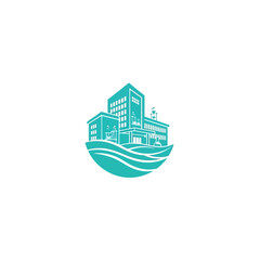 Obraz premium Modern Corporate Building Logo with Flowing Wave Elements, Symbolizing Sustainable Development, Eco-Friendly Architecture, and Environmental Responsibility for Urban Progress