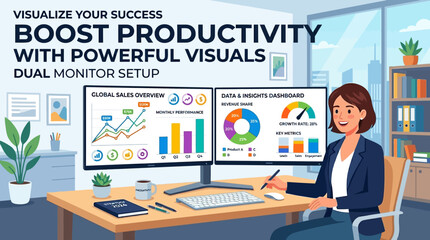 Obraz premium Businesswoman Working with Dual Monitors and Infographics