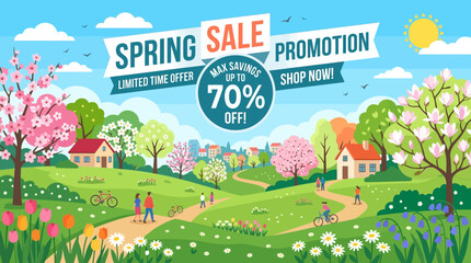 Naklejka premium Spring Sale Promotion Banner with Scenic Landscape