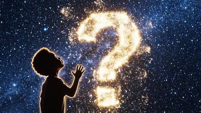 Child gazes at glowing question mark in starry sky