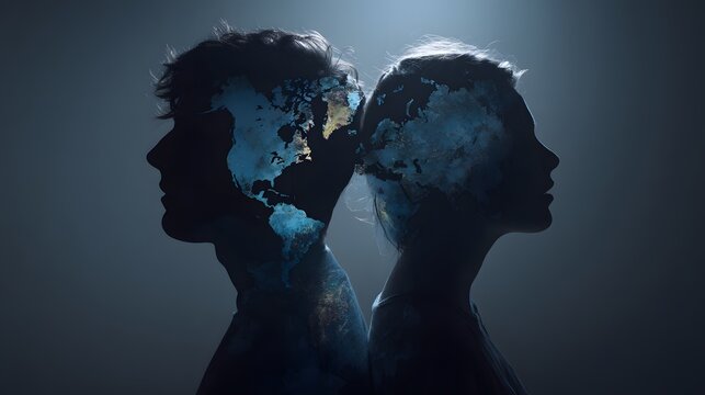 Silhouette of two heads facing away from each other with a blue glow.