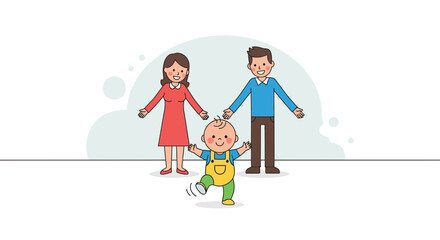 Fototapeta premium Joyful Family Illustration With Happy Toddler Taking First Steps Forward