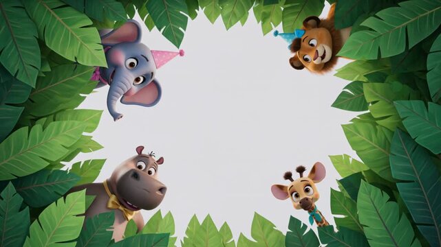 Four cartoon jungle animals peek through a lush green leafy border
