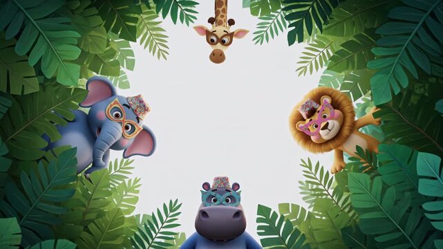 A group of cartoon monkeys and animals play together in a jungle scene with lush green leaves.