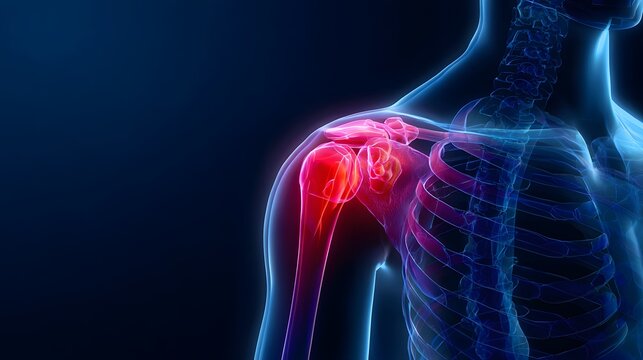 Anatomical illustration of a human shoulder joint with highlighted inflammation and pain.