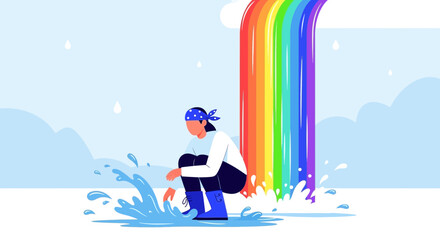 Naklejka premium Joyful Person Splashing in Puddles Beneath a Vibrant Rainbow Cascade