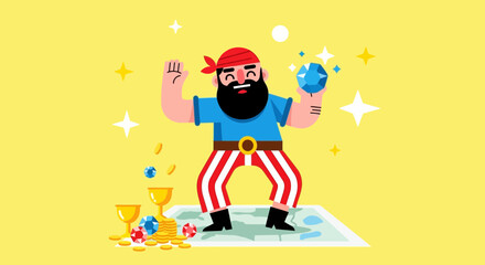 Naklejka premium Joyful Pirate Character Celebrating Treasure Discovery And Riches