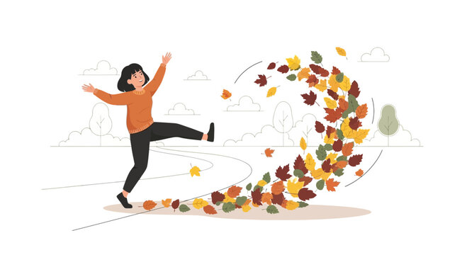 Joyful Person Kicking Autumn Leaves In A Whirling Gust Of Season