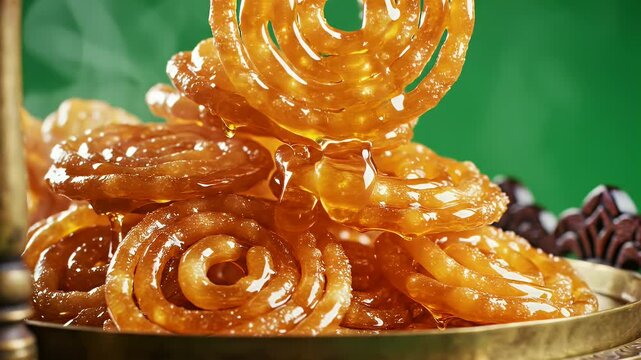 Close up shot of a vibrant golden jalebi dessert being drizzled with sweet syrup indoors with a deep green background and ornate golden accents