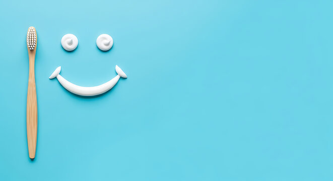 Smiling face made of toothpaste, brush and space for text on color background, top view