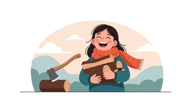 Joyful Young Woman Carrying Firewood With Axe In Winter Landscape