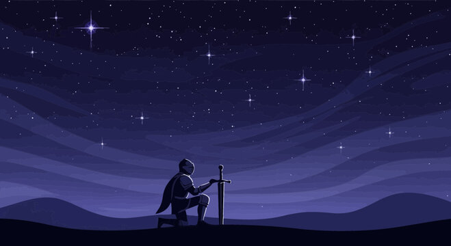 Knight Kneeling Under Starry Sky Serene Contemplation