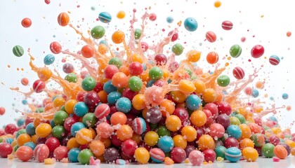 Fototapeta premium Dynamic splash of colorful candies frozen mid-air, high-speed photography effect, isolated on white background, crisp details.