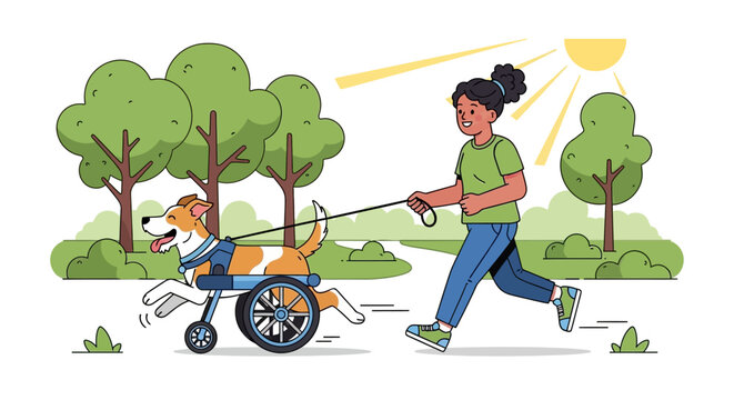 Happy Woman Running with Disabled Dog in Wheelchair, Special Needs Pet Care and Active Lifestyle Vector Illustration
