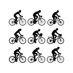 Obraz premium Silhouettes of cyclists riding bicycles in various poses and positions