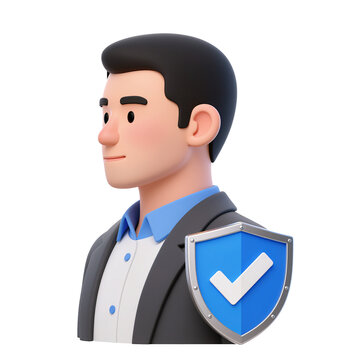 A professional man in a suit looks confidently to the side with a shield symbol representing security, isolated on transparent background