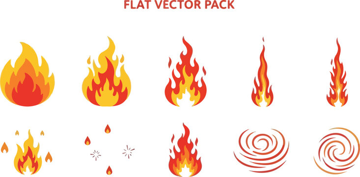 Set of fire icons and flames, representing elements of fire and heat, in a flat vector style
