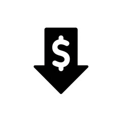Fototapeta premium Black arrow pointing down with dollar sign symbol for financial decrease icon