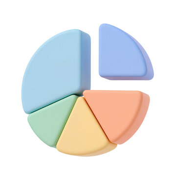 Colorful pie chart pieces in various shapes isolated on transparent background with smooth textures