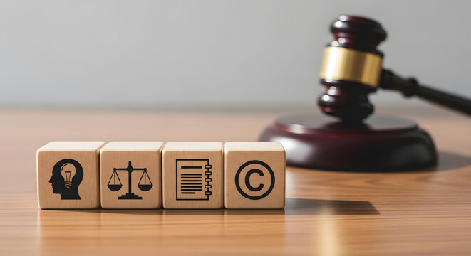 Intellectual property law concept with gavel and icons representing ideas, justice, and copyright