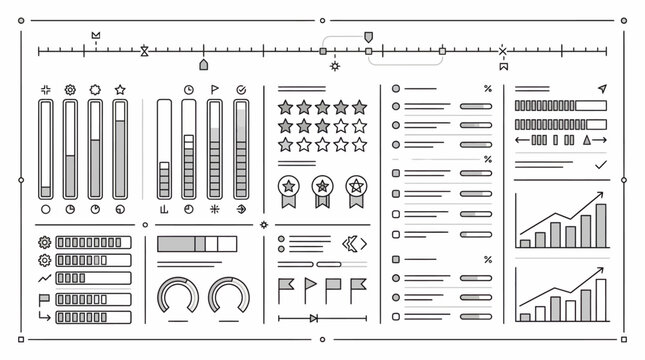 Comprehensive set of UI/UX elements including charts, progress bars, rating stars, and form inputs in line art on an isolated white background.
