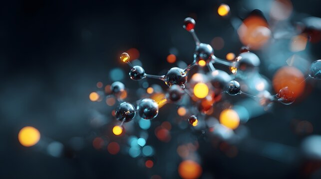 Abstract 3D Molecular Structure with Glowing Particles and Bokeh Effect.