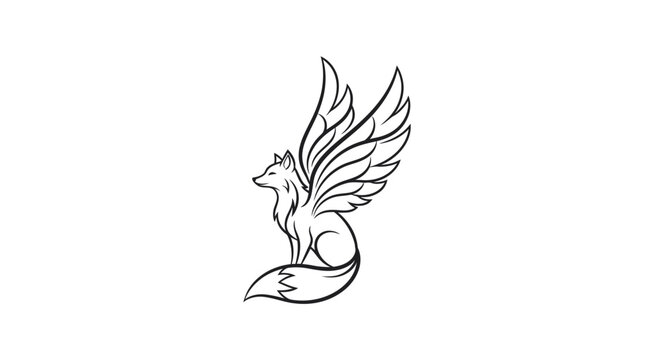 Mythical winged fox silhouette, fantasy creature, elegant line art, isolated on white background