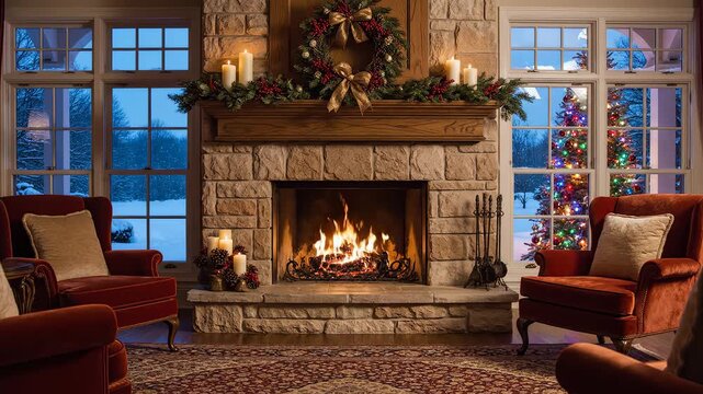 Cozy living room with fireplace and Christmas decor