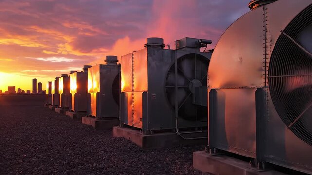 Row of industrial fans on rooftop at sunset