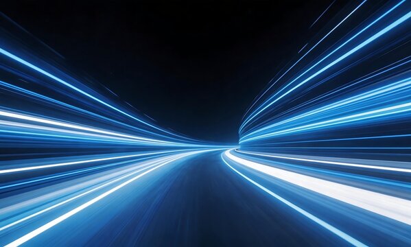 Dynamic abstract background with glowing blue light trails representing high-speed data flow, technological advancement, and a futuristic digital pathway through cyberspace