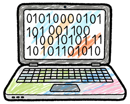 Hand Drawn Laptop with Binary Code Coding and Software Development