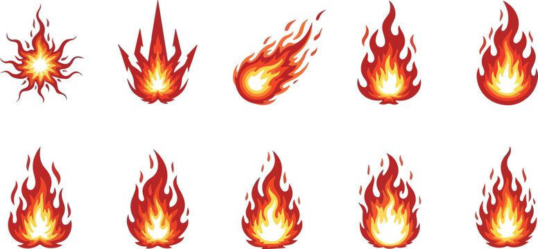 Collection of various flame and fire icons representing different heat and combustion effects