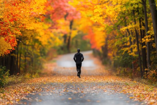 Man jogging on a deserted road, surrounded by vibrant golden and red autumn leaves covering the trees and ground
