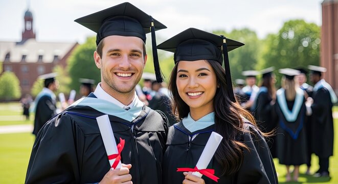 A smiling young couple, both graduates, stand proudly together on a university campus. They are wearing black graduation gowns with blue stoles and holding rolled-up diplomas.